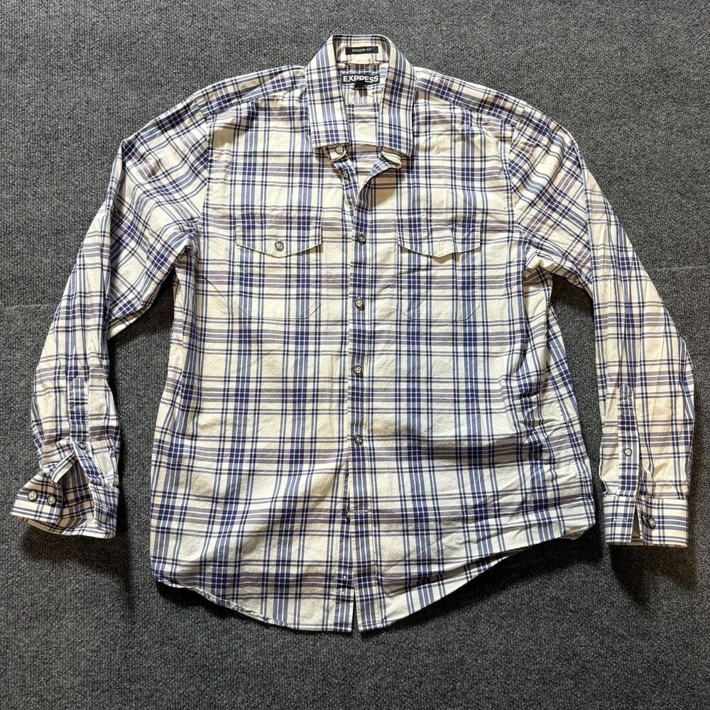 Express Shirt Mens Large White Blue Plaid Long Sleeve Button Up Casual